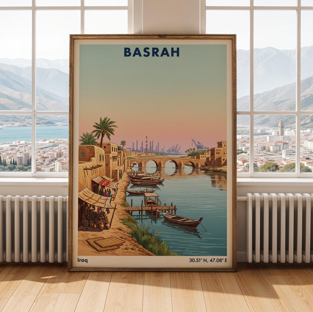 Basrah Poster - Watercolor-style Illustration, Teal and Navy Blue With ...