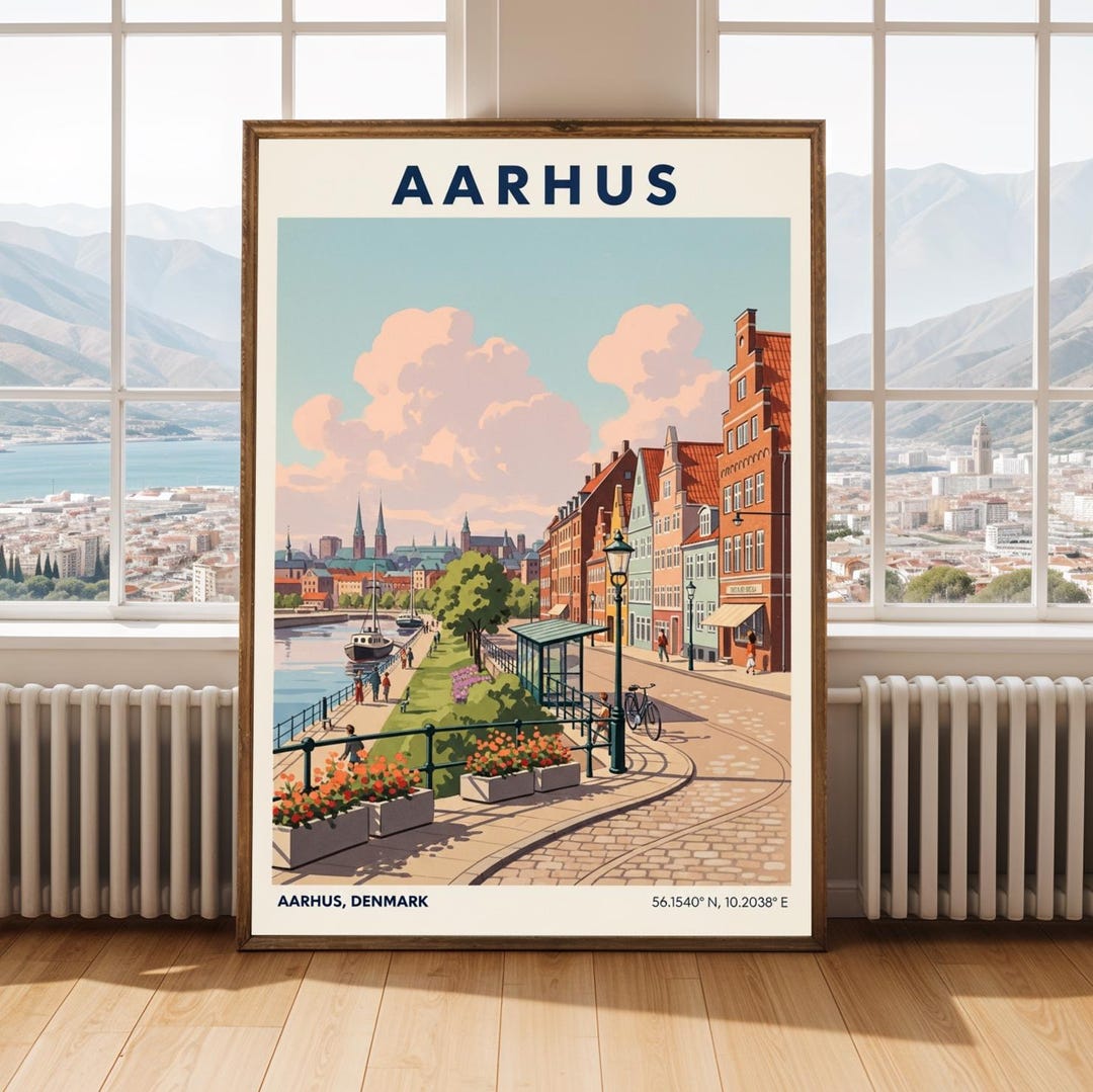 Aarhus Coastal Street Poster and Light Blue Travel Poster, Danish ...