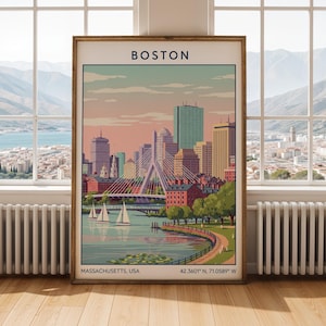 Poster di Boston - Viaggio vintage, blocco vettoriale piatto, verde acqua e azzurro cielo, cielo pesca