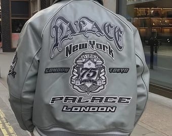 Men's Grey Leather Avirex Bomber Jacket: Palace Edition