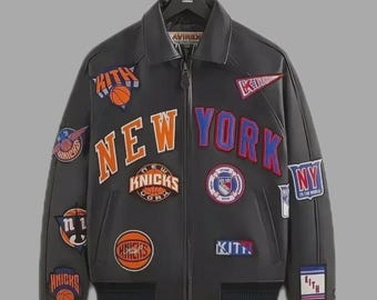 Kith x Avirex New York Knicks Varsity Lederjacke, Schwarzer Bombermantel