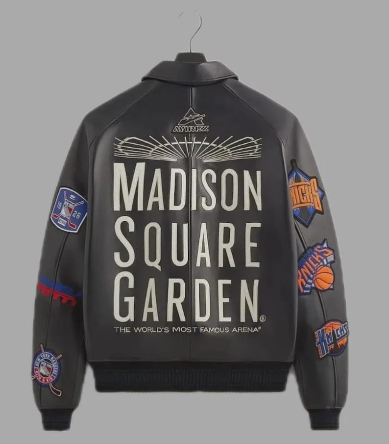 May include: Black leather jacket with the text "MADISON SQUARE GARDEN" on the back. The jacket has multiple patches with sports team logos and the words "THE WORLD'S MOST FAMOUS ARENA".
