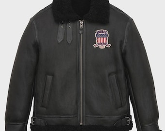 Avirex USA Black Leather Bomber Jacket | Shearling Collar Aviator Coat