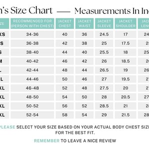May include: A size chart for men's jackets, displaying measurements in inches. Includes chest, waist, sleeve, shoulder, and length measurements for sizes XXS to 5XL. Text advises selecting size based on chest size.