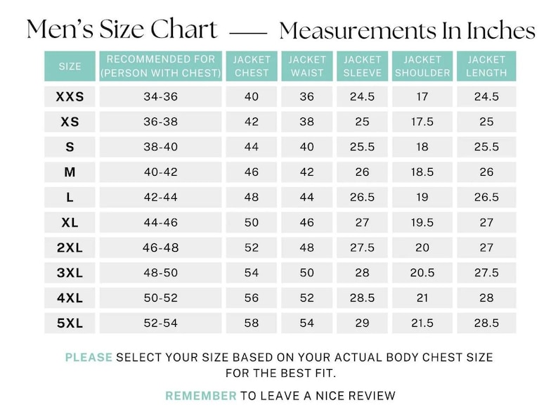 May include: A size chart for men's jackets, displaying measurements in inches. Includes chest, waist, sleeve, shoulder, and length measurements for sizes XXS to 5XL. Text advises selecting size based on chest size.