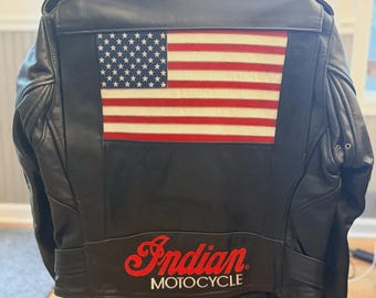 Vintage Indian Motorcycle Leather Jacket with USA Flag Back – Distressed Biker Style