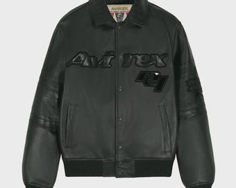 Avirex USA Black Leather Varsity Bomber Jacket – Vintage Streetwear Aviator Coat