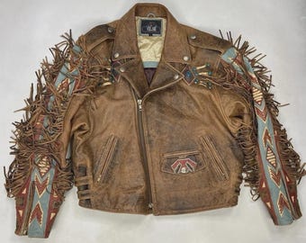 Vintage Distressed Leather Jacket: Indian Fringe, Western Biker Style