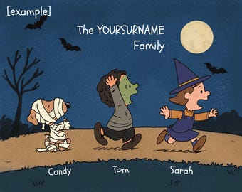 Benutzerdefinierte Halloween-Erdnussstil-Porträt, personalisierte Familie DIGITAL-Illustration, Haustierweihnachtskarte, Digitaldruck