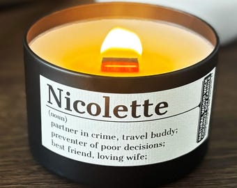 Custom Wood Wick Candle 8oz Tin, Personalized Name Definition Gift with Your Message | Funny or Heartfelt Keepsake | Luxury and Non-toxic