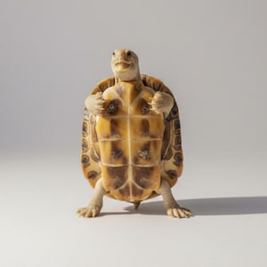 May include: A smiling tortoise with a tan and brown shell stands on its hind legs, holding its shell with its front legs. The tortoise has a light tan head and limbs, and the background is a plain white.
