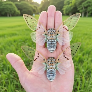 Puede incluir: Se muestran dos modelos detallados de insectos cigarra con alas translúcidas, cuerpos marrones y beige, y alas teñidas de verde. Los insectos están colocados sobre una mano contra un fondo verde borroso, mostrando su intrincado diseño y apariencia naturalista.