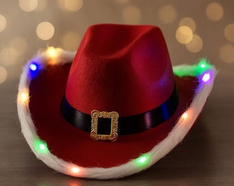 Light Up Santa Cowboy Hat / LED Christmas Party Hat / Red Western Holiday Hat with Fur Trim & Belt Buckle / Fun Xmas Costume Accessory