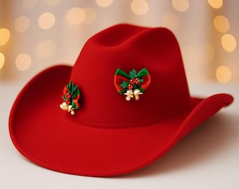 Red Christmas Cowboy Hat with Ribbon Bow Accents • Holiday Western Santa Hat • Festive Christmas Party Hat