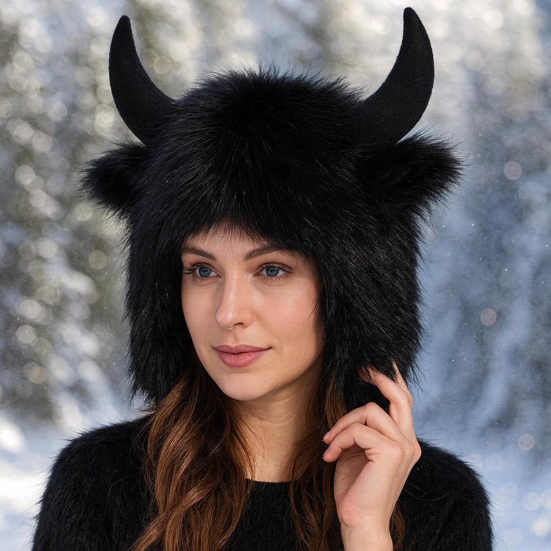 Bison Hat / Black Faux Fur Costume Hat / Horned Animal Hat / Funny ...
