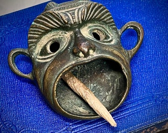 Antique Devil, Satyr or Faun Trinket Dish, Art Nouveau ashtray,  offering dish, or incense burner- cast brass dark patina