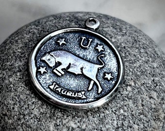 Vintage Sterling silver Taurus Zodiac charm pendant, for bracelet or necklace, star sign, Bull, April-May, earth sign