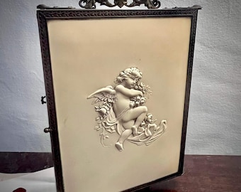 Victorian Cherub 3 way folding travel mirror, makeup or shaving, c.1880s - celluloid exterior & brass frame, green man gargoyle - trifold