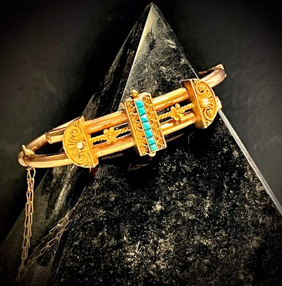 19th century  Etruscan Revival 14k gold and Turqu… - image 2