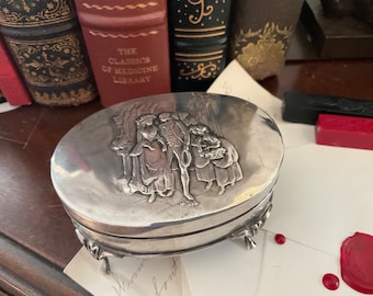 Edwardian Sterling silver Trinket box , Rococo style wedding scene, jewelry box, ring box