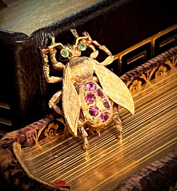 14k gold Victorian Fly pin, Ruby and emerald, ins… - image 1