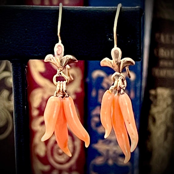 Victorian 14k gold and coral point earrings, fleur de lis, Cornicello, with triple point drops rare View 4