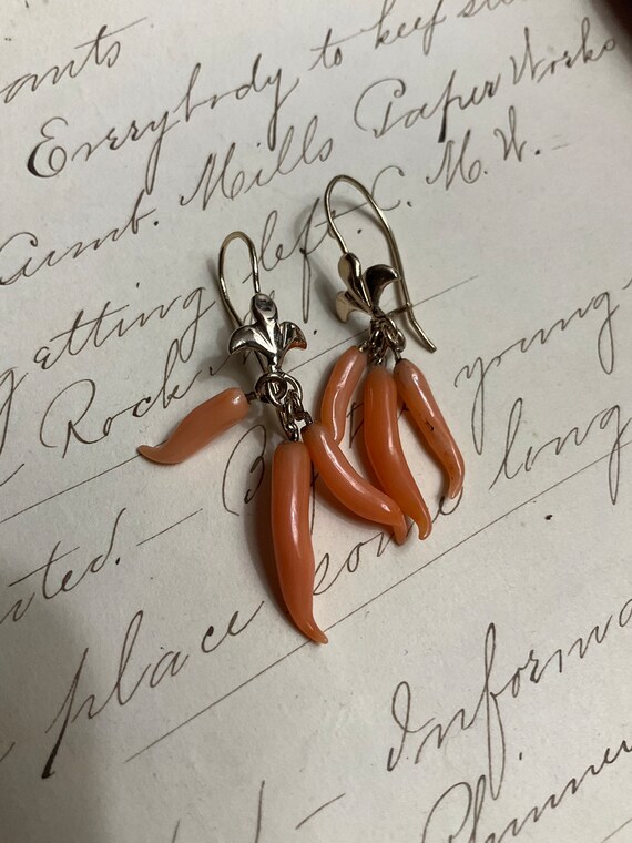 Victorian 14k gold and coral point earrings, fleur de lis, Cornicello, with triple point drops rare View 3
