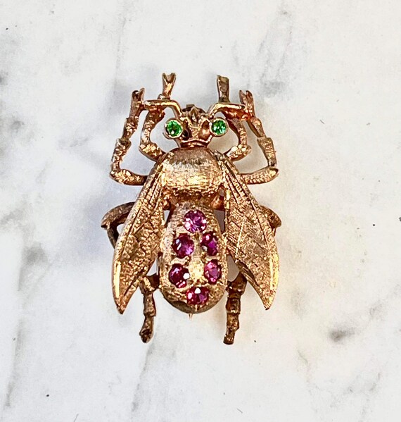14k gold Victorian Fly pin, Ruby and emerald, ins… - image 3