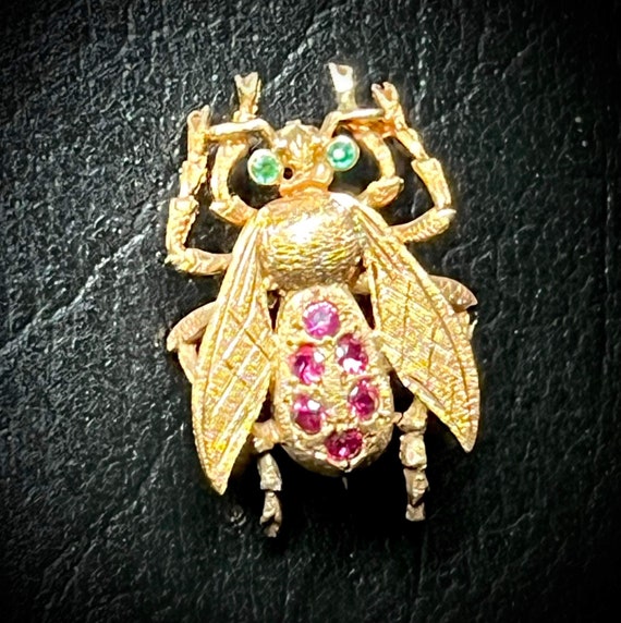 14k gold Victorian Fly pin, Ruby and emerald, ins… - image 2