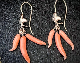Victorian 14k gold and coral point earrings, fleur de lis gold work with triple point drops