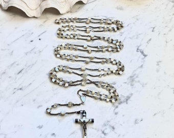 15 decade Antique 1850s Catholic rosary, bridal gift, wedding gift, crucifix, sterling silver, mother of pearl, monumental 64 inches