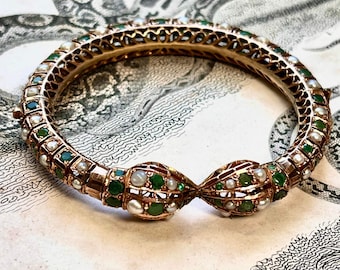 Antique Snake form Art Nouveau 10k Gold Mughal Emerald and pearl clamper cuff Bracelet