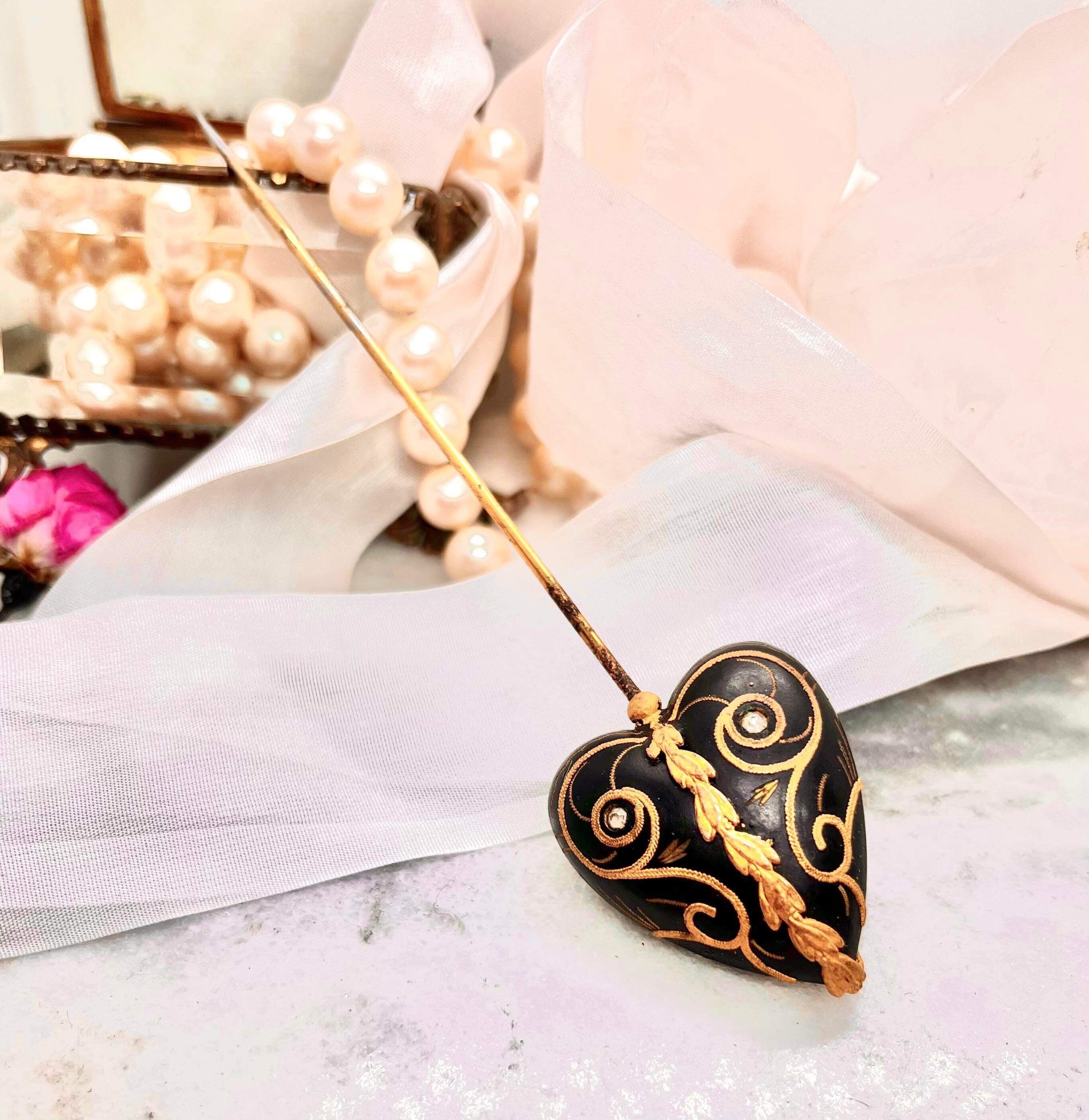 Vintage Hat Pin Silver Tone Heart Scrollwork Antique Charles Horner Heart Hat Pin - Gorgeous Hallmarked  main image 4