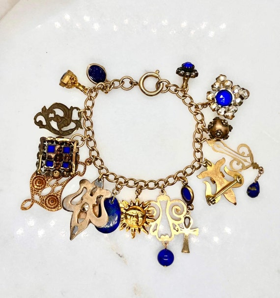 Vintage Cobalt Blue charm bracelet, 1980s Victori… - image 3