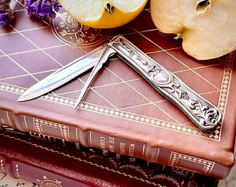 1800’s Victorian Coin Silver Fruit Knife, Pocket Knife, Pocketknife, pip blade, engraved,  wild crafting, special gift, cottagecore, grapes