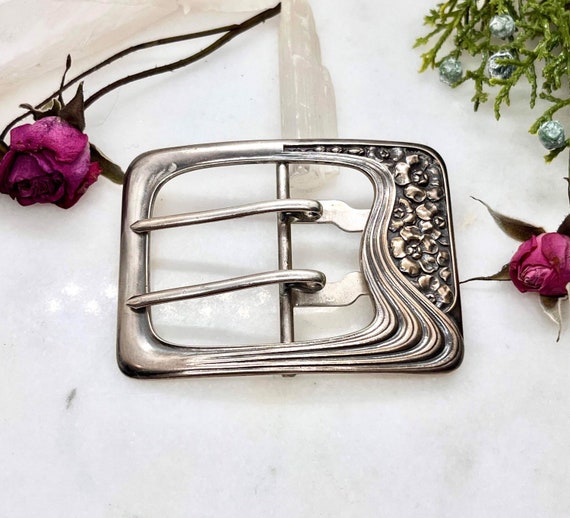 Silver-Tone Art Nouveau Woman Belt Buckle Art Nouveau Floral Silver Belt Buckle main image 3