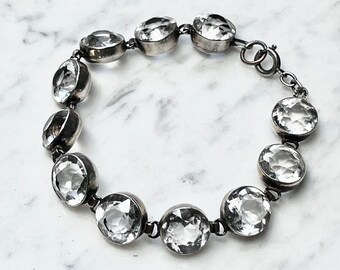 Vintage Open back Quartz Crystal bracelet with sterling silver bezel setting, c 1930s