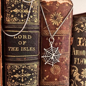 Sterling Spider in its Web pendant necklace, Sterling silver on 18 inch box chain. Spooky, Arachne, Spider Grandmother