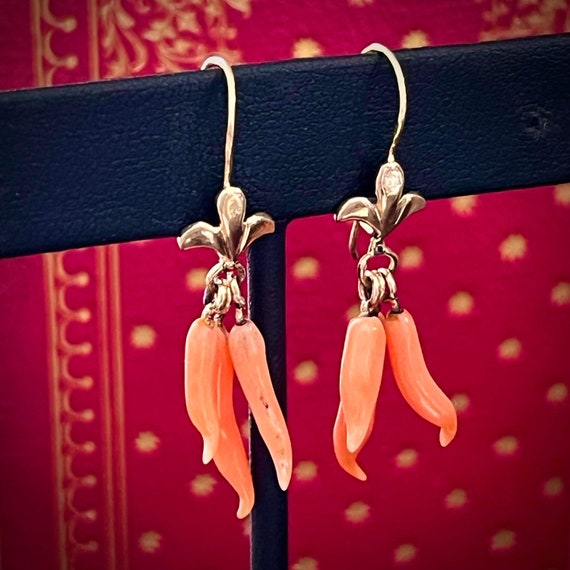 Victorian 14k gold and coral point earrings, fleur de lis, Cornicello, with triple point drops rare View 6
