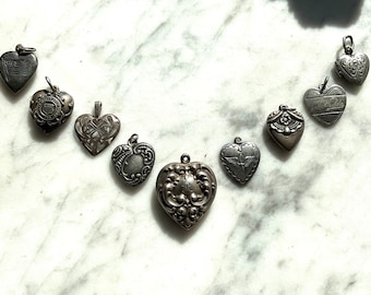 Reserved:Nine antique Puffy Hearts, Bubble Heart charms, heart shapes sterling silver, antique charms, love, sweetheart, locket, coast guard