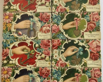 Excellent uncut sheet of Victorian die cut calling cards, classical good luck charms depicted, four leaf clover, horseshoe, heart, anchor
