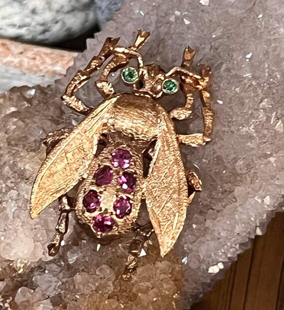 14k gold Victorian Fly pin, Ruby and emerald, ins… - image 8