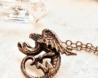 Antique Victorian 9k Gold Winged Dragon or Gryphon Necklace, 10k Gold 16” chain - mythological beast, magical gothic pendant little & fierce
