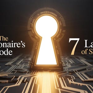 Puede incluir: Ilustración digital con una cerradura brillante en el centro, con el texto "The Millionaire's Code" y "7 Laws of Success". El fondo presenta un diseño de placa de circuito, con una paleta de colores oscuros y degradados.
