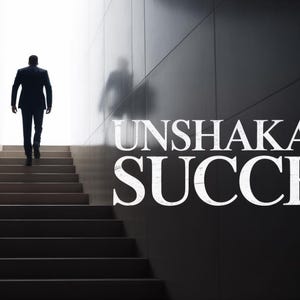 Puede incluir: Una persona con traje sube una escalera hacia una luz brillante. Las palabras "UNSHAKABLE SUCCESS" se muestran en texto blanco sobre un fondo oscuro. La imagen transmite un tema de logro y determinación.