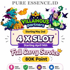 May include: A promotional graphic with the text "PURE ESSENCE.ID" at the top. The image features cartoon characters, including a dragon and a witch, and text that reads "VILLAINOUS partners," "4 X SLOT," and "Full Carry Service."