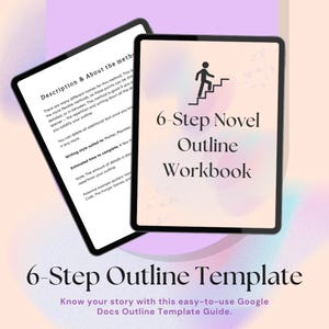 Może przedstawiać: Dwa tablety cyfrowe wyświetlające szablon konspektu pisania. Jeden tablet pokazuje tekst o metodzie, a drugi wyświetla "6-Step Novel Outline Workbook" z grafiką osoby wchodzącej po schodach. Tekst na dole brzmi "6-Step Outline Template."