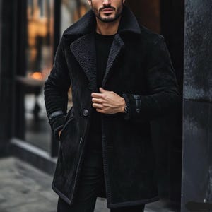 Vintage 70s Handmade Black Shearling Coat | Men's Suede Jacket