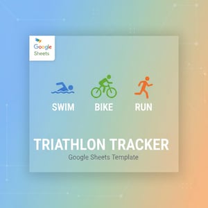 Könnte beinhalten: Digitalgrafik mit dem Google Sheets-Logo und den Worten "TRIATHLON TRACKER". Das Bild zeigt Symbole für Schwimmen, Radfahren und Laufen, mit den Wörtern "SWIM", "BIKE" und "RUN" unter jedem Symbol. Der Text "Google Sheets Template" ist ebenfalls enthalten.
