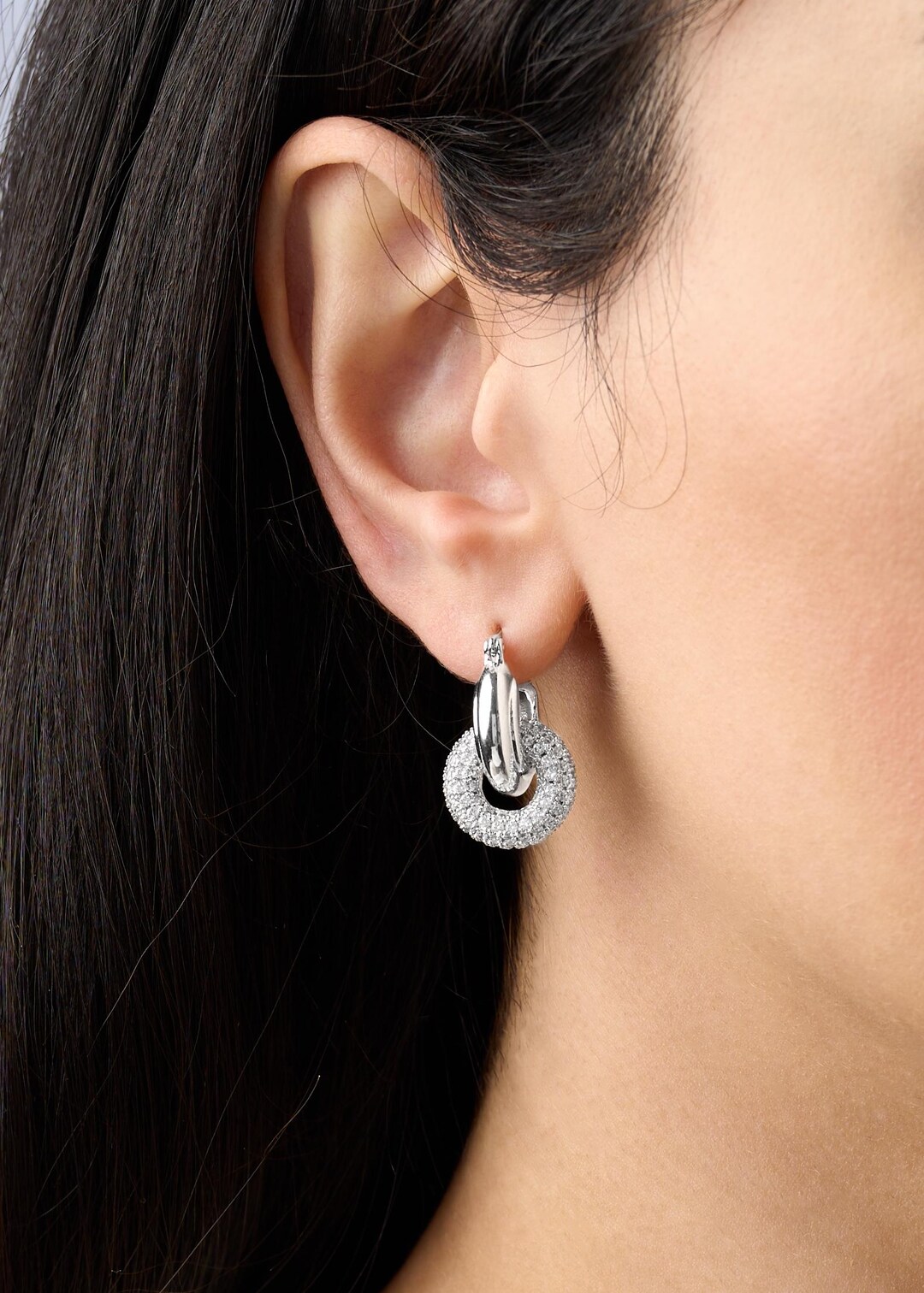 Looped Pave Diamond Earrings, Elegant Looped Earrings, Double Hoop ...